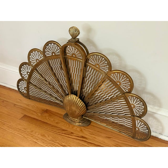 Vintage Brass Peacock Folding Fireplace Screen With Shell Motif For Sale - Image 6 of 12