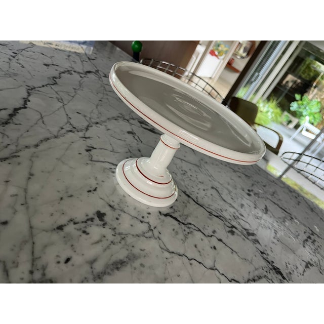 American Vintage Milk Glass Footed Cake Plate With Red Detailing For Sale - Image 3 of 6