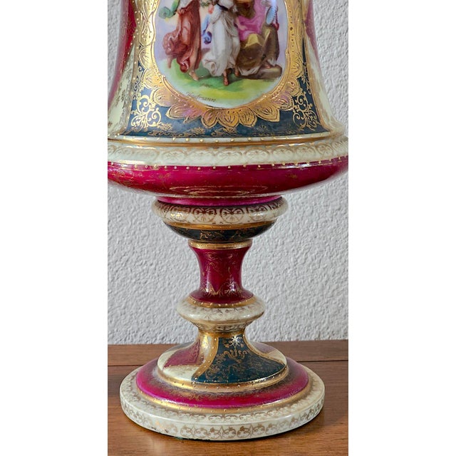 Pair of Antique Austrian Porcelain Urns, Hand-Painted Figural Scenes, Heavy Gilt, C. 1900 For Sale - Image 12 of 18