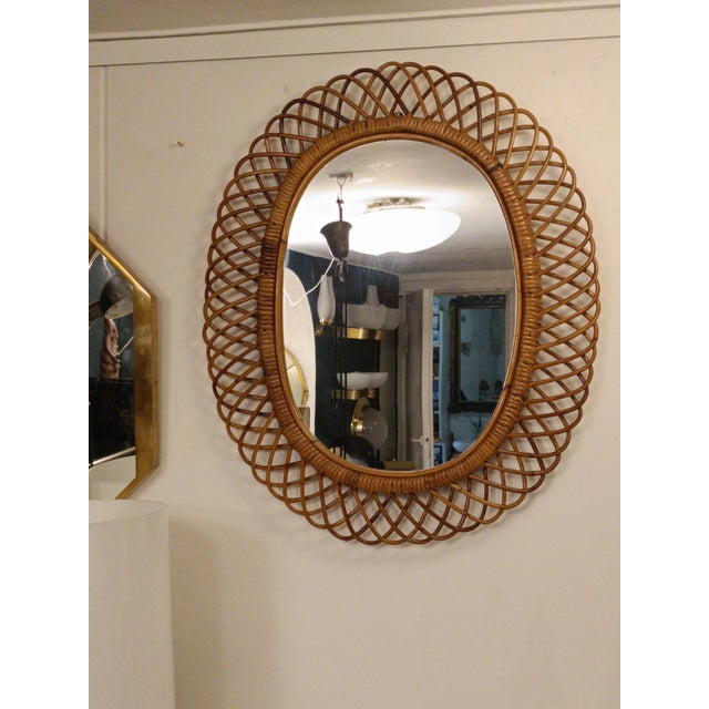 Brown Oval Rattan and Bamboo Wall Mirror attributed to Franco Albini, 1960s For Sale - Image 8 of 10
