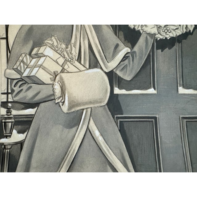 American 1940s Original Graphite Illustration of Woman Hanging Christmas Wreath, 11 X 9 In. For Sale - Image 3 of 6