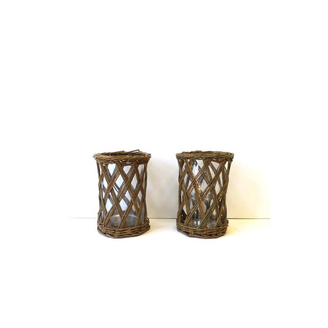 Late 20th Century Hurricane Candles Lamps Wicker and Glass, Pair For Sale - Image 5 of 9