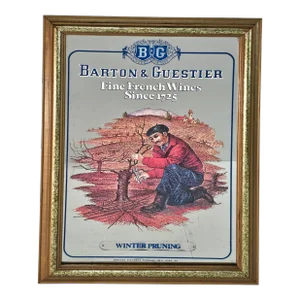 Vintage Barton & Guestier Wine Bar Mirror – “Winter Pruning” Framed French Ad