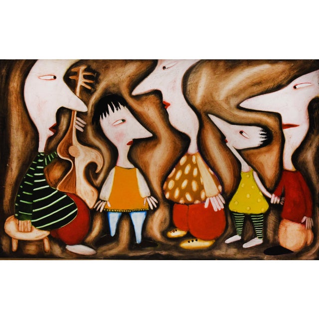 Oil on board, 55" x 39", by Kambiz. This intriguing composition features stylized figures with elongated necks and...