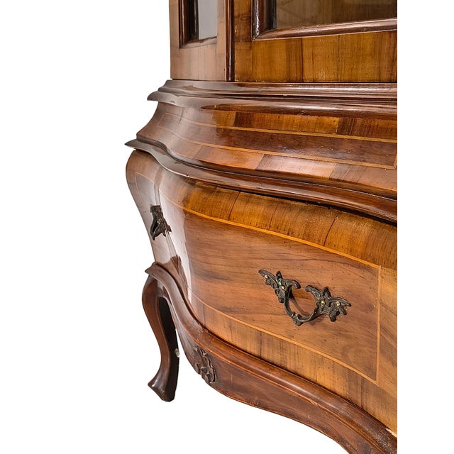 20th Century Italian Walnut Burl Corner Cabinet with Inlaid Wood and Glass Doors, 1890s For Sale - Image 4 of 9