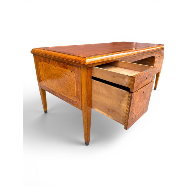 Wood 1920s French Art Deco Desk With Finely Inlaid Leather Top For Sale - Image 7 of 15