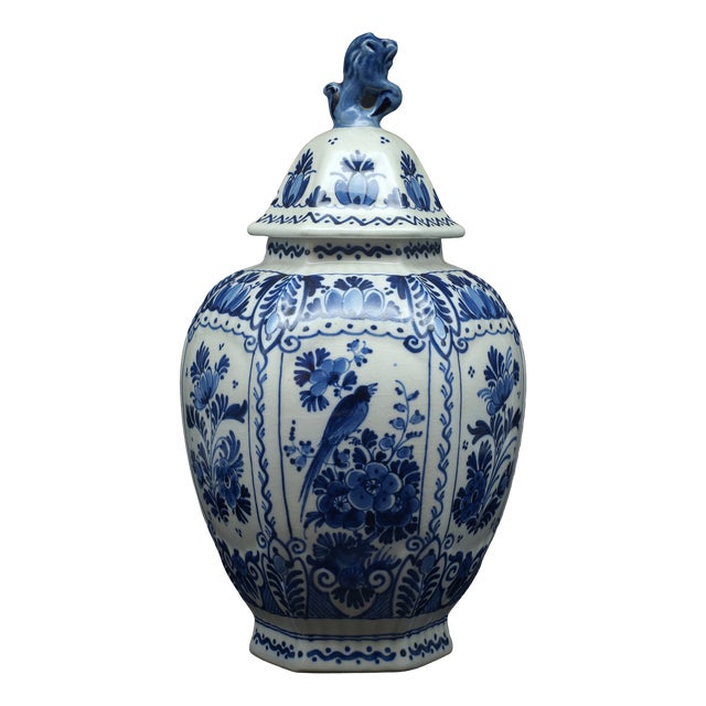 Antique Lidded Floral Ginger Jar Vase from Royal Delft, 1916 For Sale