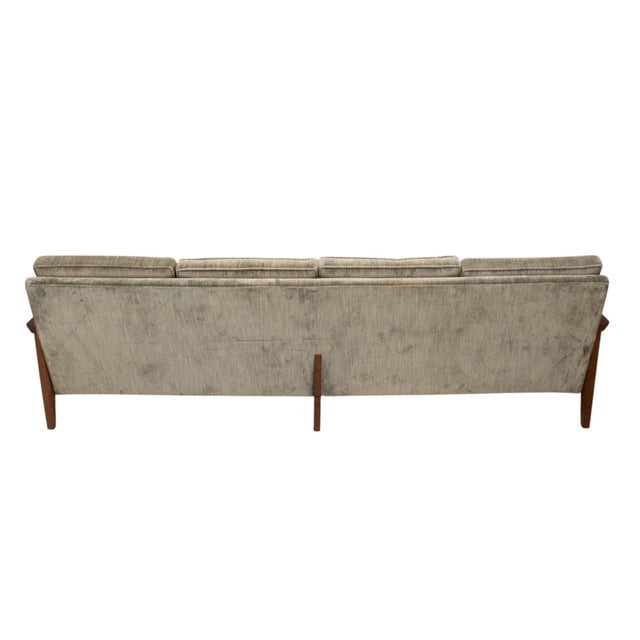 1960s Mid Century Modern Caned Walnut Velvet Long Sofa for Reupholstery 101" For Sale - Image 16 of 16