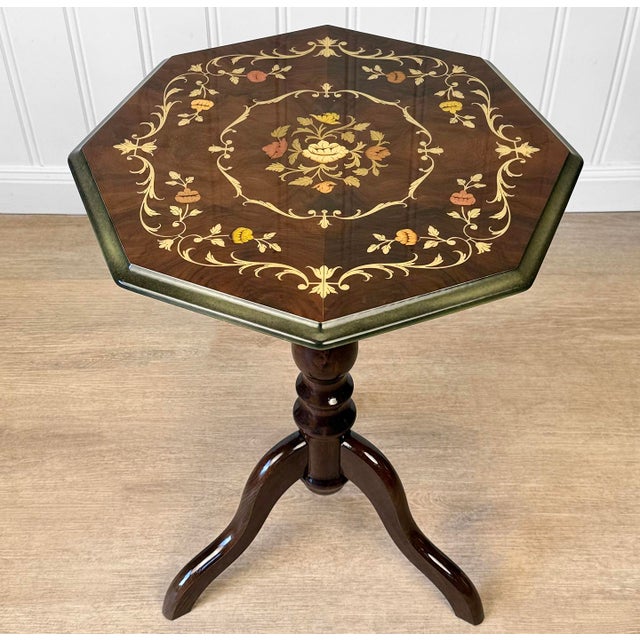 - Original 1970’s Italian Rococo Octagonal Side Table - Walnut Veneered Top with Wonderful Fruitwood Inlay / Floral Motif...