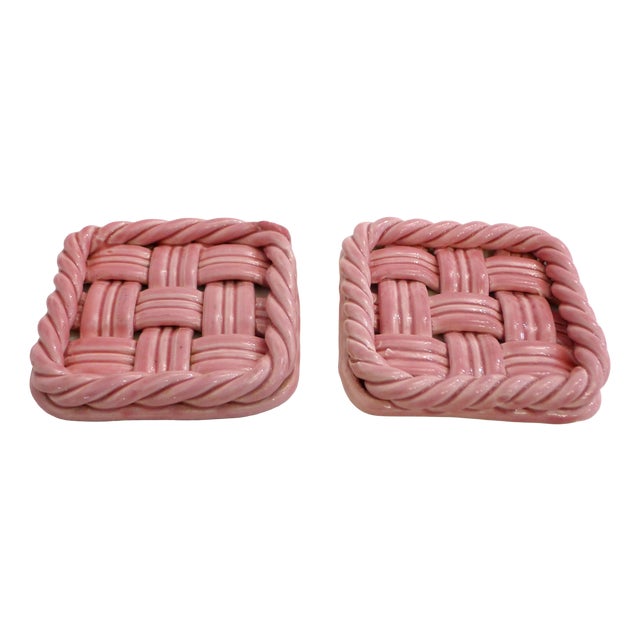Pink Earthenware Bottle Coasters with Braided and Twisted Details from Vallauris, 1950s, Set of 2 For Sale