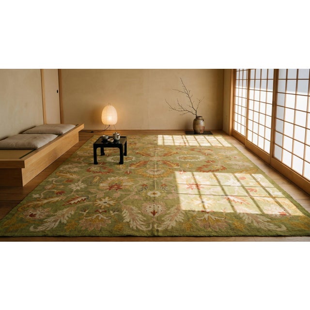 1890s Green Floral Antique Turkish Anatolian Oushak Rug 12'4" X 16'2" Handknotted Wool Carpet For Sale - Image 10 of 10