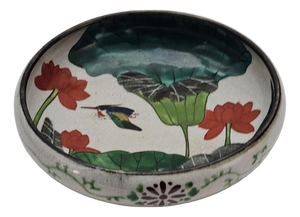 Vintage Japanese Kyo-Yaki Style Crackle Glaze Lotus Bird Bowl 7.5"