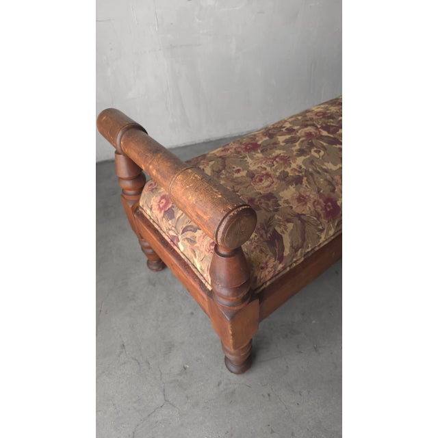 Brown Chhunky Antique French European Bench in Floral Tapestry For Sale - Image 8 of 9