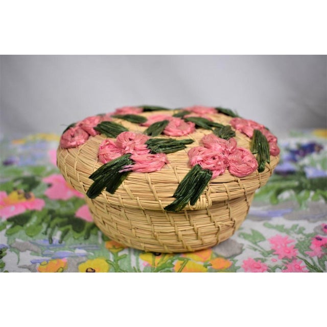 1970s Floral Raffia Lidded Basket For Sale - Image 4 of 4