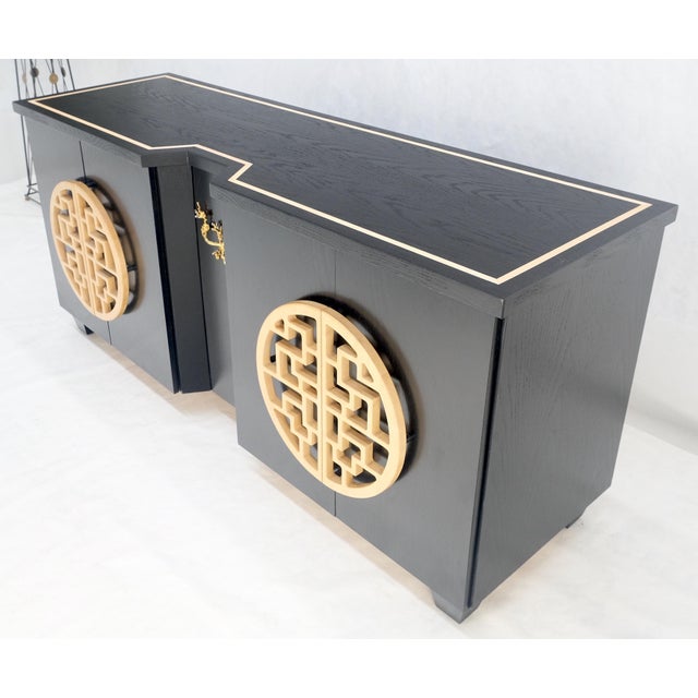 Large Asian Black Lacquer Large Carved Wood Door Pulls 8 Drawer Dresser Credenza For Sale - Image 6 of 17