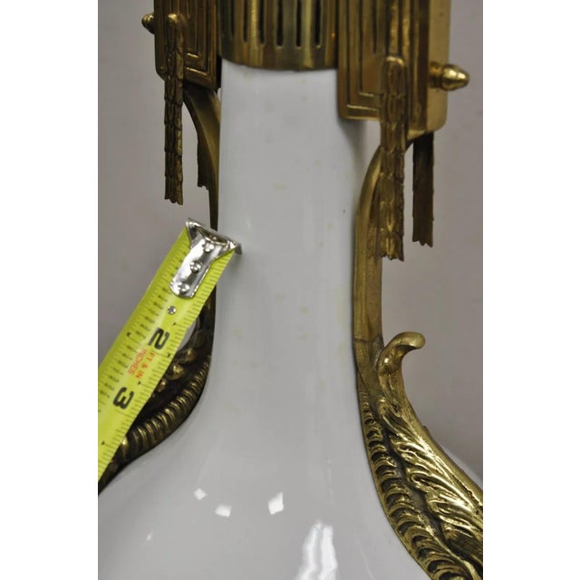 Vintage French Empire Neoclassical White Porcelain Brass Ormolu Table Lamp Pair For Sale - Image 9 of 12
