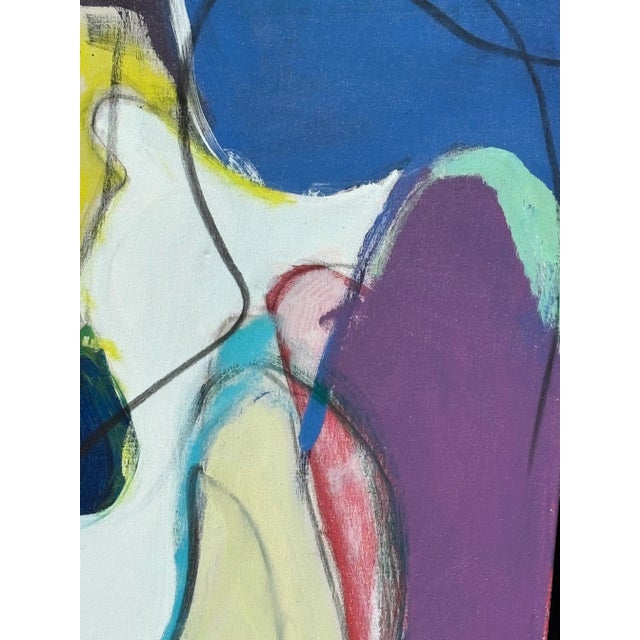 1980s era original oil on canvas in the abstract expressionism style of Wassily Kandinsky. Vivid and rich blue, green...