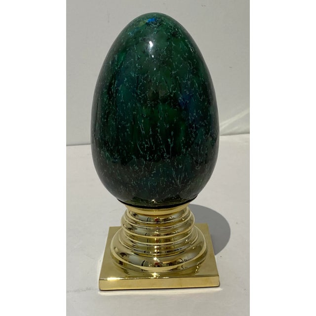 Hollywood Regency Green Porcelain Egg Brass Stand For Sale - Image 3 of 13