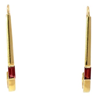 Vintage 14k Yellow Gold Garnet Paperclip Link Hoop Earrings, Pair For Sale