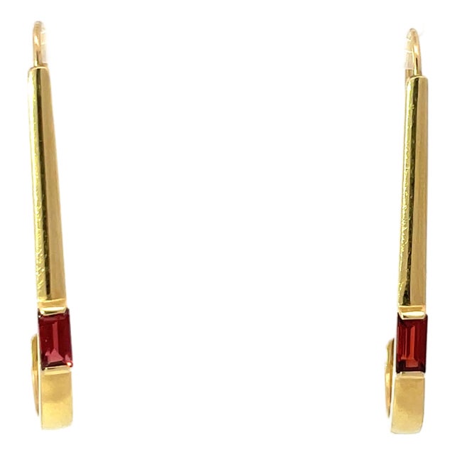 Vintage 14k Yellow Gold Garnet Paperclip Link Hoop Earrings, Pair For Sale