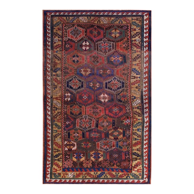 1860s Brown Geometric Tribal Antique n.w. Persian Savojbolagh Rug 4'8" X 7'4" Handknotted Wool Carpet For Sale