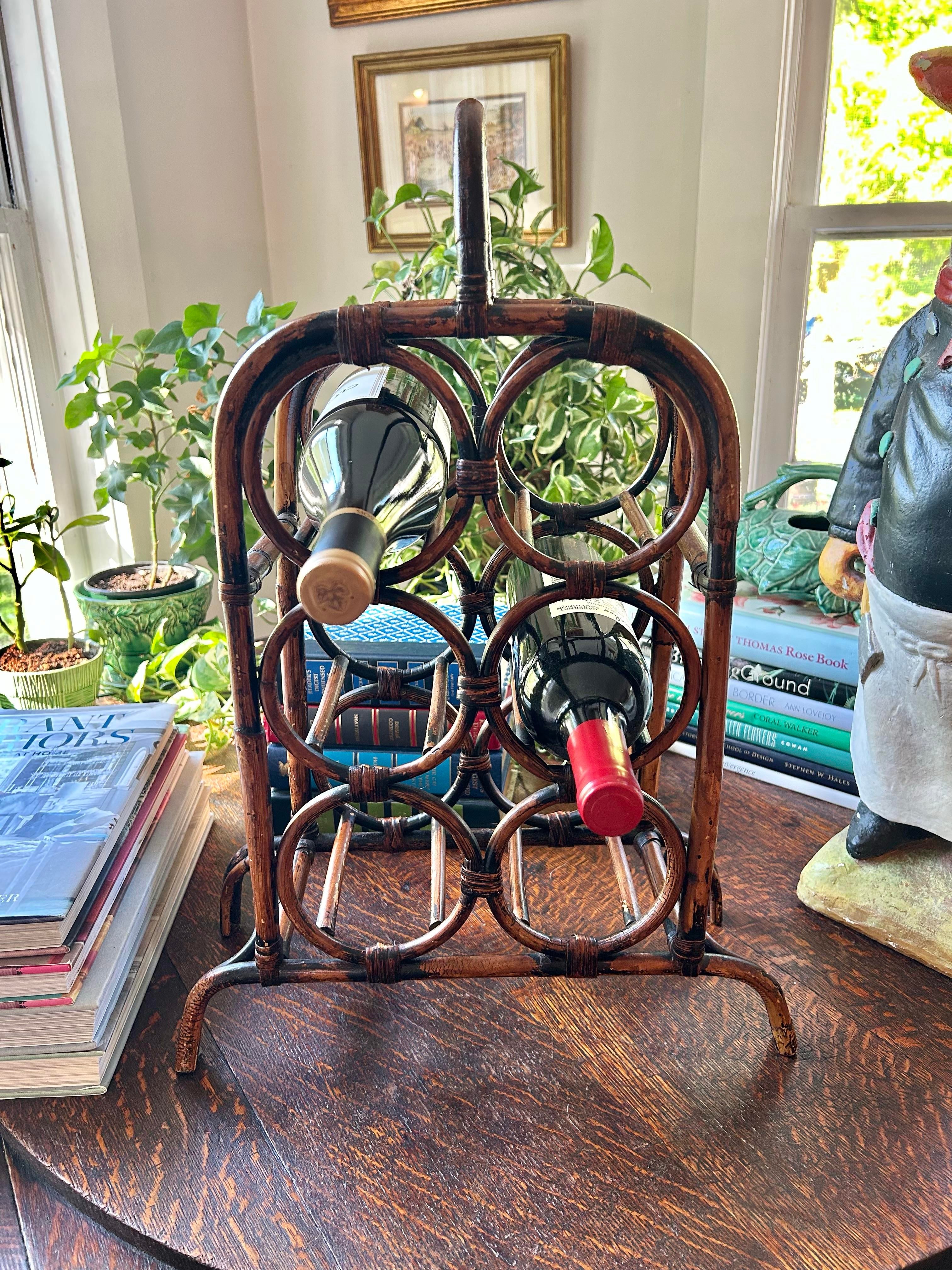 Vintage Boho Chic Scorched Tortoise Bamboo 6 Bottle Wine Holder