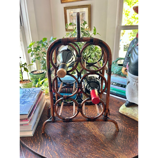Mid-Century Modern Vintage Boho Chic Scorched Tortoise Bamboo 6 Bottle Wine Holder For Sale - Image 3 of 11