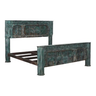 Complete King Size Bed Constructed From an Antique Painted Teakwood Gujarati Door and Pillars For Sale