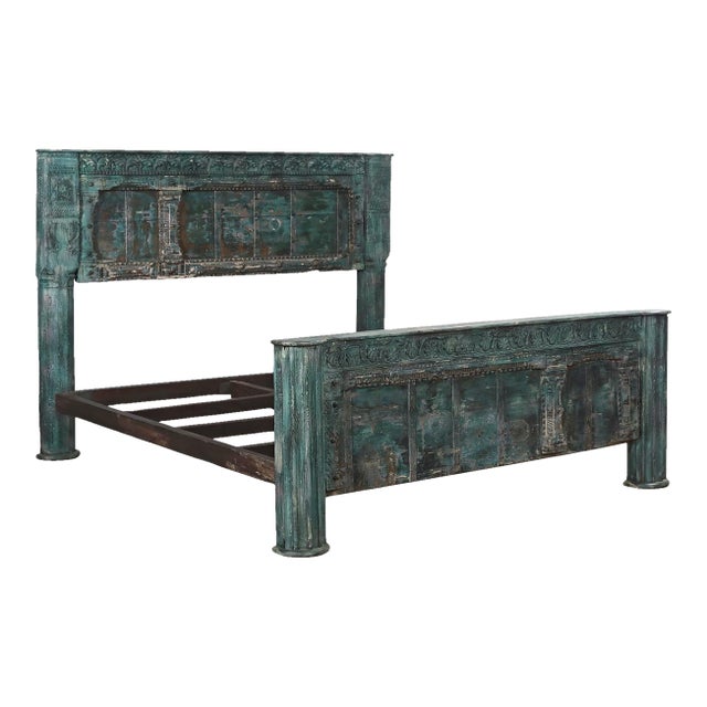 Complete King Size Bed Constructed From an Antique Painted Teakwood Gujarati Door and Pillars For Sale