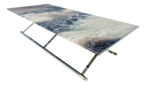 Mid Century Modern Chrome X-Shape & Brass Base 32x67 Marble Top Coffee Table