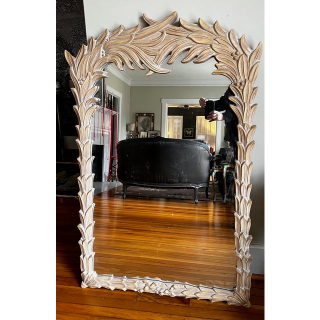 Mid-Century Modern Serge Roche Style Palm Beach Frond Leaf Carved Mirror For Sale - Image 3 of 9