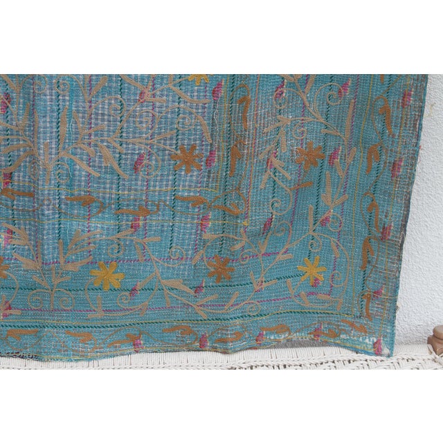 Vintage Turquoise & Gold Suzani Throw For Sale In Los Angeles - Image 6 of 12