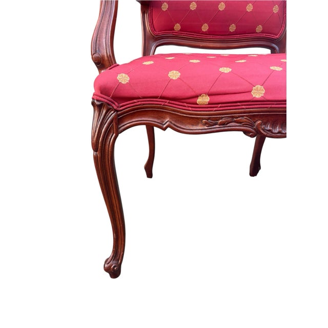 Ruby Red Ethan Allen French Louis XV Style Carved Cherry Armchair in Red & Gold For Sale - Image 8 of 12