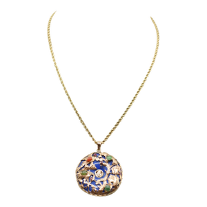 Mid 18th Century Chinese Carved Blue Lapis Disc Pendant Necklace With Gold Birds and Various Stones