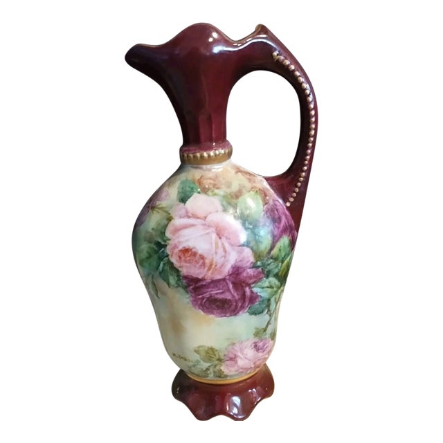 Regency Hand Painted Vase Pitcher Burgundy Pink Hand Painted Roses Footed Artist M. Stroud For Sale