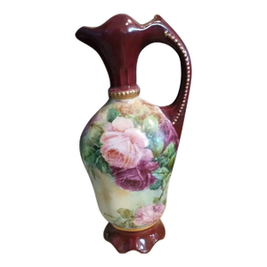 Regency Hand Painted Vase Pitcher Burgundy Pink Hand Painted Roses Footed Artist M. Stroud