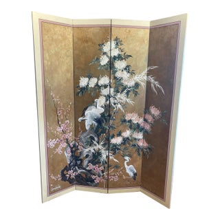 Mid-Century Japanese Style Hand Painted Four-Panel Screen by Lucien Leinfelder For Sale