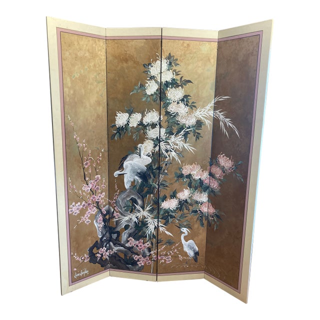 Mid-Century Japanese Style Hand Painted Four-Panel Screen by Lucien Leinfelder For Sale