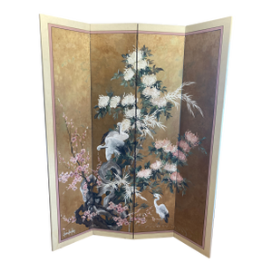 Mid-Century Lucien Leinfelder Hand Painted Four-Panel Asian Screen – Herons & Florals