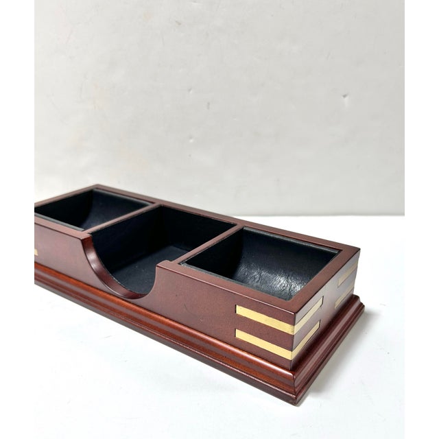 English 2003 Bombay Company Mahogany Desk or Dresser Valet Organizer With Brass Inlay and Faux Leather Lining For Sale - Image 3 of 10