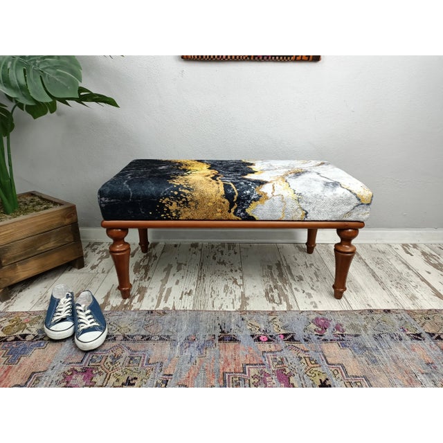 Ebony Marble Pattern Rug Print Fabric Upholstered Piano Bench For Sale - Image 8 of 8