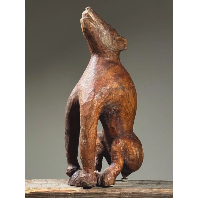 Rustic Antique Hand Carved Folk Art Howling Dog Sculpture For Sale - Image 3 of 11