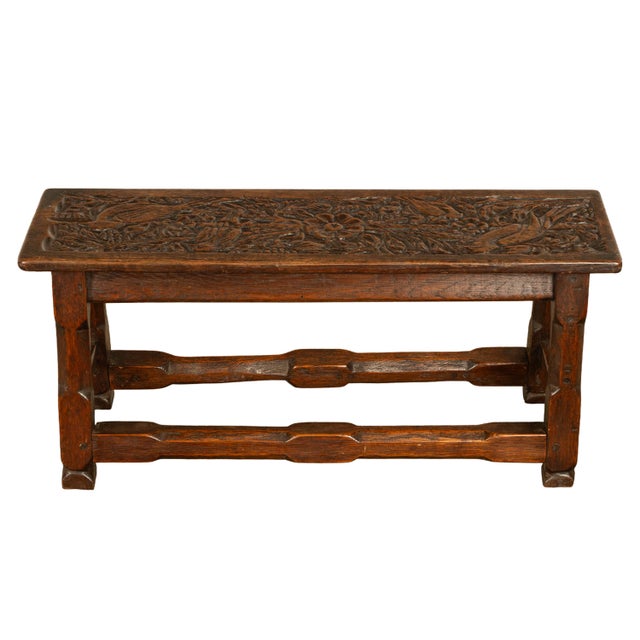 Antique English Carved Oak Arts & Crafts Hall Bench Seat 'Birds in a Tree' 1900 For Sale - Image 9 of 14