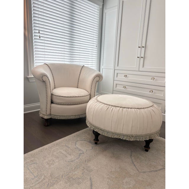 Elevate any bedroom, dressing room, or sitting area with this exquisite custom lounge chair and coordinating ottoman....