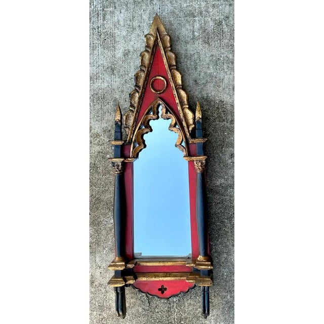Late 20th Century Vintage Gothic Revival Wood and Mirrored Glass Wall Mirror For Sale - Image 5 of 12