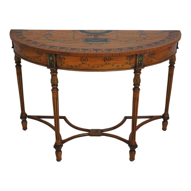 Adams Satinwood Paint Decorated Demilune Console Table For Sale