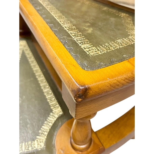 Brown Vintage English Wood Library Spiral Step Ladder With Green Tooled Leather Tread Insets For Sale - Image 8 of 18