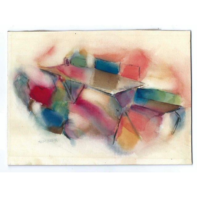 Abstract MCM interior by Virginia artist Arthur Sembler (1911/12-1979). Watercolor on artist board, signed lower left....