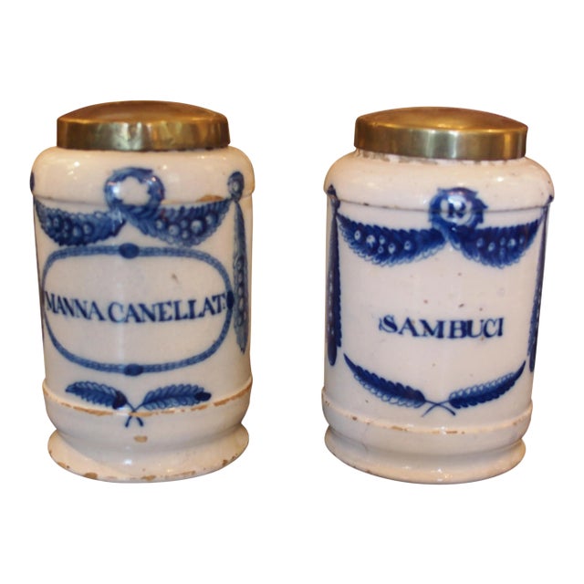 18th C. Blue and White Apothecary Jars - a Pair For Sale