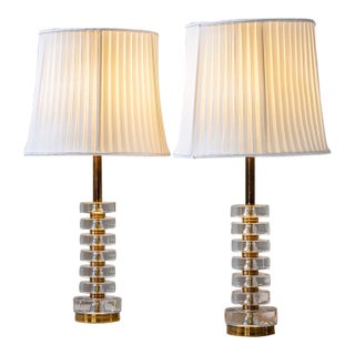 Mid-20th Century Glass and Brass Table Lamps by Carl Fagerlund for Orrefors - Pair For Sale